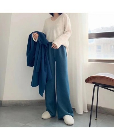 Solid Color Knitted Wide Leg Pant Women Korean High Waist Drawstring Straight Trousers Women Elegant All-match Long Pants Wom...