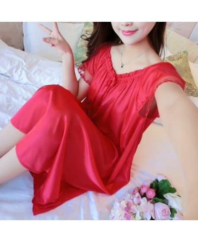 Womens Summer Lace Ice Silk Nightdress Short Sleeve Loose Plus Size Nightgown Sleepwear $23.89 - Sleepwears