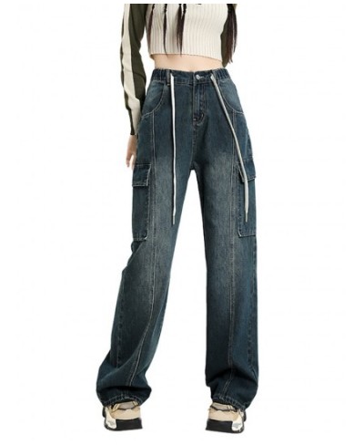 Y2k Retro High Street Fashion High Waist Jeans Pocket Blue Washed Cargo Pants Couple Harajuku Simple Casual Wide Leg Pants $6...