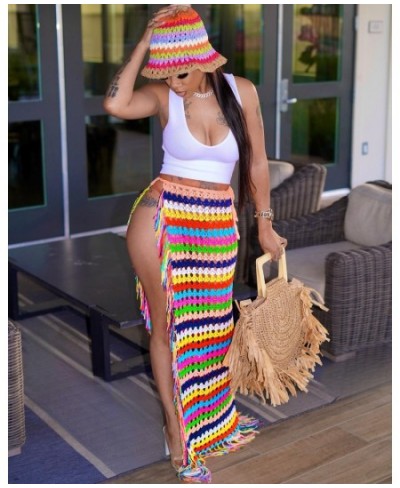 Women Beach Holiday Rainbow Striped Knit Ribbed Bowknot Waist High Side Slit Tassel Hem Maxi Long Straight Skirt 2023 $42.73 ...