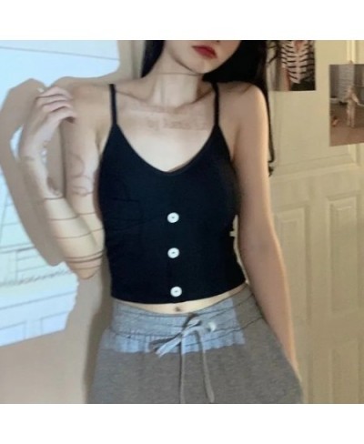 Cute Button Tank Top Solid Knitted Suspender Deep V Thread Cotton Vest Girls Slim Sleeveless Crop Top Vertical Stripe $13.79 ...