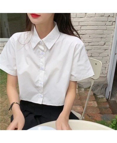Shirts Women Turn Down Collar Preppy Style Summer Sweet Solid Casual Ins Student Female Simple All-match Streetwear Crops Top...