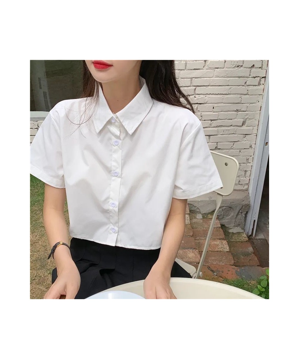 Shirts Women Turn Down Collar Preppy Style Summer Sweet Solid Casual Ins Student Female Simple All-match Streetwear Crops Top...