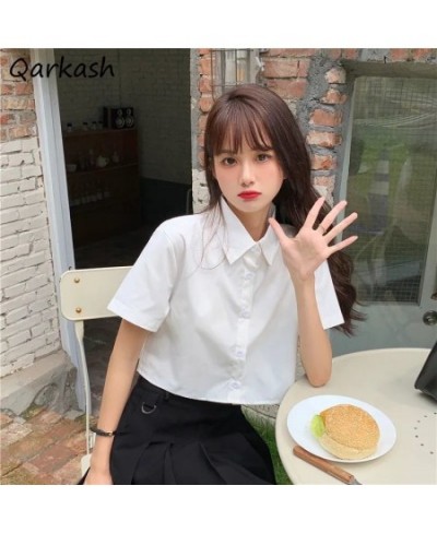 Shirts Women Turn Down Collar Preppy Style Summer Sweet Solid Casual Ins Student Female Simple All-match Streetwear Crops Top...