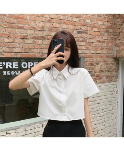 Shirts Women Turn Down Collar Preppy Style Summer Sweet Solid Casual Ins Student Female Simple All-match Streetwear Crops Top...