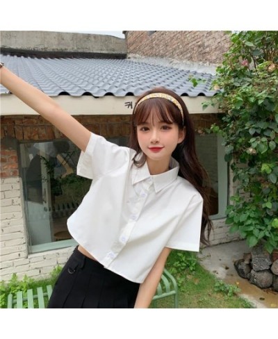 Shirts Women Turn Down Collar Preppy Style Summer Sweet Solid Casual Ins Student Female Simple All-match Streetwear Crops Top...