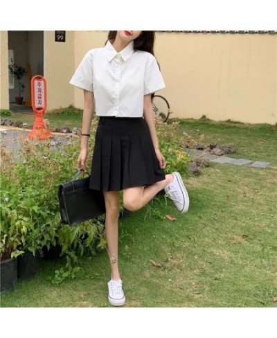 Shirts Women Turn Down Collar Preppy Style Summer Sweet Solid Casual Ins Student Female Simple All-match Streetwear Crops Top...