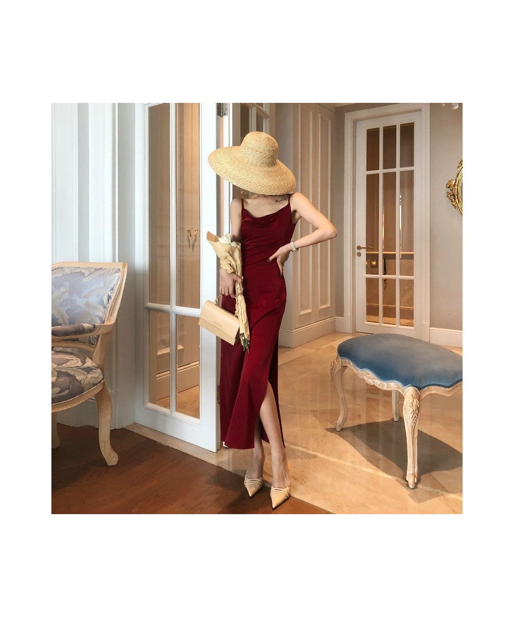 Sleeveless Dress Side Slit V-neck Glossy Red Retro Abdomen Spaghetti Strap Sexy Slim Party Elegant Female Summer Comfortable ...