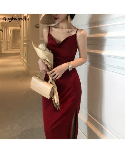 Sleeveless Dress Side Slit V-neck Glossy Red Retro Abdomen Spaghetti Strap Sexy Slim Party Elegant Female Summer Comfortable ...