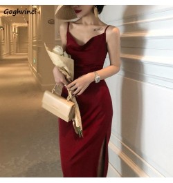 Sleeveless Dress Side Slit V-neck Glossy Red Retro Abdomen Spaghetti Strap Sexy Slim Party Elegant Female Summer Comfortable ...