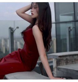 Sleeveless Dress Side Slit V-neck Glossy Red Retro Abdomen Spaghetti Strap Sexy Slim Party Elegant Female Summer Comfortable ...