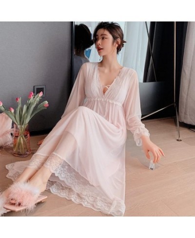 Summer Gown Long Sleeve Nightgown Sleepwear Female Lace Princess Style Nightdress Sleepshirt Mesh Loungewear Loose Home Dress...