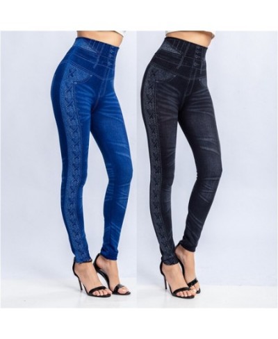 Women Imitation Distressed Denim Jeans Leggings Casual High Waist Slim Elastic Pencil Pants Fitness Workout Fashion Trousers ...