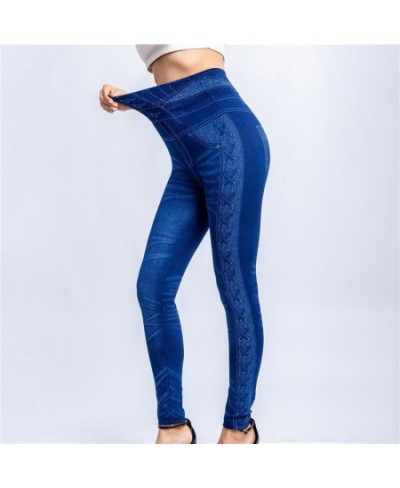 Women Imitation Distressed Denim Jeans Leggings Casual High Waist Slim Elastic Pencil Pants Fitness Workout Fashion Trousers ...