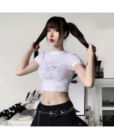 Anime Cute Sweet T-shirt Women Short Sleeve Bunny Printed O-neck Slim Short crop top Tees Ins Style Sexy Streetwear Graphic $...