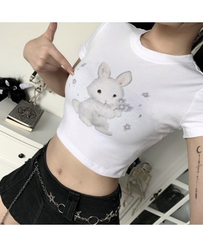 Anime Cute Sweet T-shirt Women Short Sleeve Bunny Printed O-neck Slim Short crop top Tees Ins Style Sexy Streetwear Graphic $...