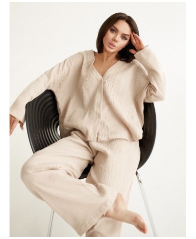 Khaki Pure Cotton Sleepwear V Neck Single Breasted Wide Leg Pants Trouser Suits Drop Sleeves Set Woman 2 Pieces Loungewear $4...