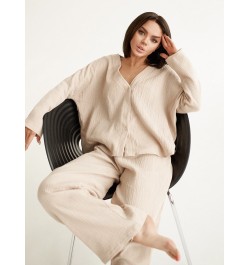 Khaki Pure Cotton Sleepwear V Neck Single Breasted Wide Leg Pants Trouser Suits Drop Sleeves Set Woman 2 Pieces Loungewear $4...