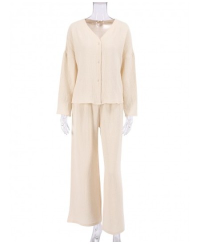 Khaki Pure Cotton Sleepwear V Neck Single Breasted Wide Leg Pants Trouser Suits Drop Sleeves Set Woman 2 Pieces Loungewear $4...