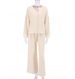 Khaki Pure Cotton Sleepwear V Neck Single Breasted Wide Leg Pants Trouser Suits Drop Sleeves Set Woman 2 Pieces Loungewear $4...