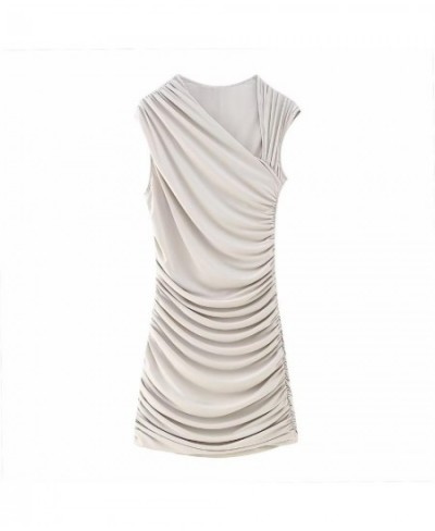 Fashion Solid Pleated Dresses For Women 2023 New Summer Diagonal Collar Sexy Mini Dresses Sleeveless Sheath Folds Vestidos $4...