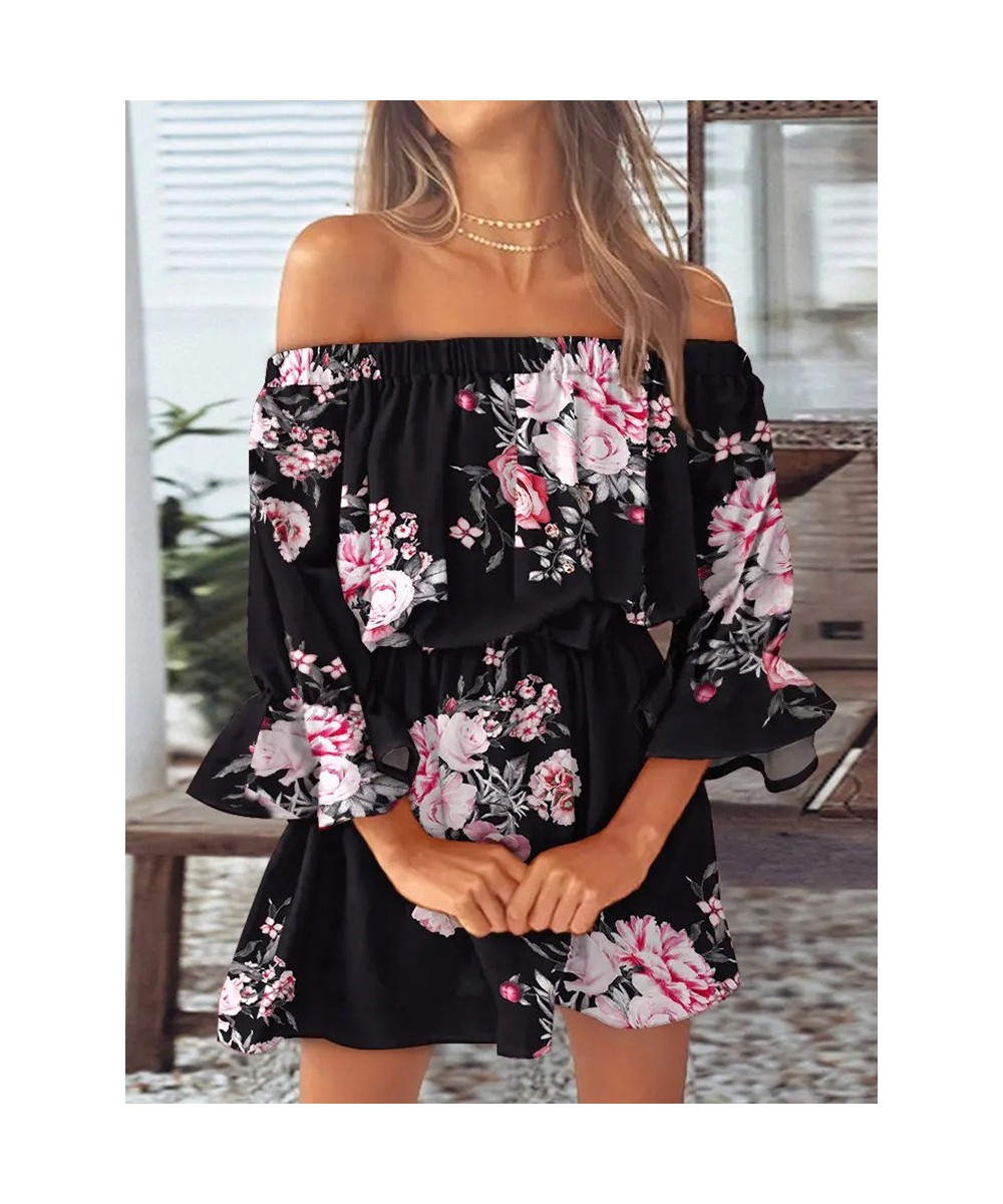 Summer Casual Women Half Flare Sleeve Party Dress Printing Slash Neck Ladies Mini Dress Sweet Sexy Holiday Streetwear Vestido...