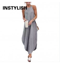 Women Summer Casual Sleeveless Halter Neck Long Dress Oversize Solid Irregular Maxi Dress Retro Loose Beach Sundress Robe $37...