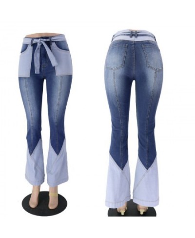 High Waist Two Color Splicing Belt Denim Pant Fashion Women's Clothing Jeans Washing Flare Pants 70s Vintage Street $56.58 - ...