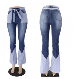 High Waist Two Color Splicing Belt Denim Pant Fashion Women's Clothing Jeans Washing Flare Pants 70s Vintage Street $56.58 - ...