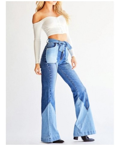 High Waist Two Color Splicing Belt Denim Pant Fashion Women's Clothing Jeans Washing Flare Pants 70s Vintage Street $56.58 - ...