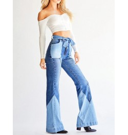 High Waist Two Color Splicing Belt Denim Pant Fashion Women's Clothing Jeans Washing Flare Pants 70s Vintage Street $56.58 - ...