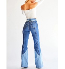 High Waist Two Color Splicing Belt Denim Pant Fashion Women's Clothing Jeans Washing Flare Pants 70s Vintage Street $56.58 - ...