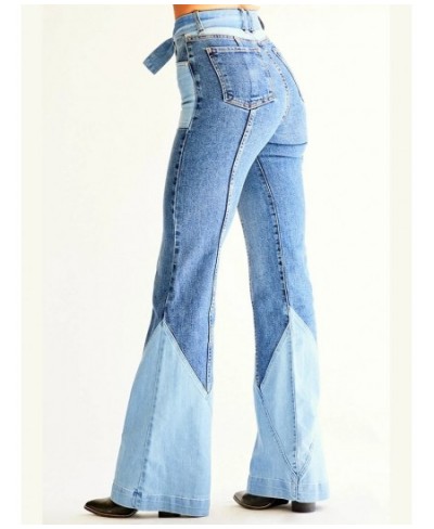 High Waist Two Color Splicing Belt Denim Pant Fashion Women's Clothing Jeans Washing Flare Pants 70s Vintage Street $56.58 - ...