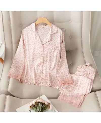 Women Sleepwear Set Autumn Pajama Set Turn Down Collar Faux Silk Satin Lace Long Sleeve Pink Leopard Female Pijama Home Wear ...