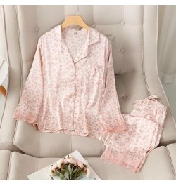 Women Sleepwear Set Autumn Pajama Set Turn Down Collar Faux Silk Satin Lace Long Sleeve Pink Leopard Female Pijama Home Wear ...