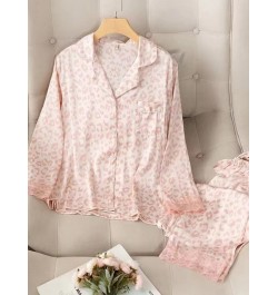 Women Sleepwear Set Autumn Pajama Set Turn Down Collar Faux Silk Satin Lace Long Sleeve Pink Leopard Female Pijama Home Wear ...