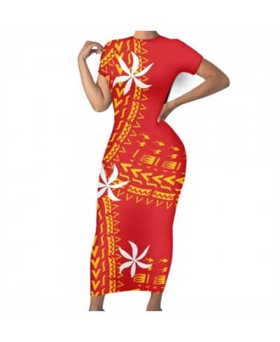 Fashion Polynesian Tribal Samoan Tahiti Tiare Red Maxi O Neck Bodycon Women Dresses Ladies Short Sleeves Casual Dress For $40...