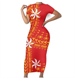 Fashion Polynesian Tribal Samoan Tahiti Tiare Red Maxi O Neck Bodycon Women Dresses Ladies Short Sleeves Casual Dress For $40...