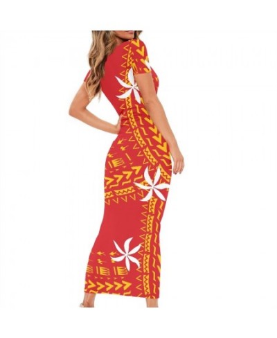 Fashion Polynesian Tribal Samoan Tahiti Tiare Red Maxi O Neck Bodycon Women Dresses Ladies Short Sleeves Casual Dress For $40...