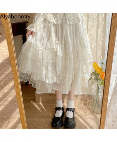 Japanese Lolita Style Autumn Spring Women Skirt High Waist White Apricot Fairy Princess Skirt Cute Kawaii Layered Ruffles Ski...