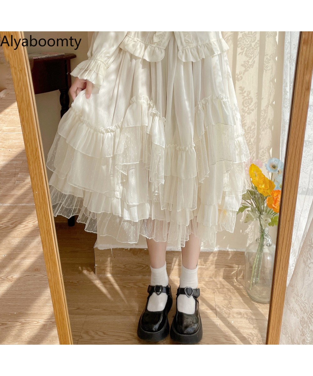 Japanese Lolita Style Autumn Spring Women Skirt High Waist White Apricot Fairy Princess Skirt Cute Kawaii Layered Ruffles Ski...