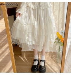 Japanese Lolita Style Autumn Spring Women Skirt High Waist White Apricot Fairy Princess Skirt Cute Kawaii Layered Ruffles Ski...