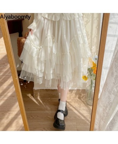 Japanese Lolita Style Autumn Spring Women Skirt High Waist White Apricot Fairy Princess Skirt Cute Kawaii Layered Ruffles Ski...