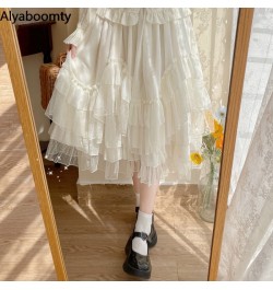 Japanese Lolita Style Autumn Spring Women Skirt High Waist White Apricot Fairy Princess Skirt Cute Kawaii Layered Ruffles Ski...