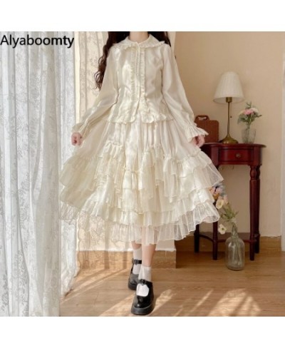 Japanese Lolita Style Autumn Spring Women Skirt High Waist White Apricot Fairy Princess Skirt Cute Kawaii Layered Ruffles Ski...