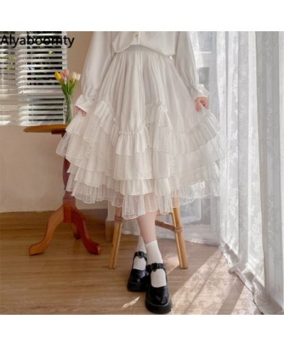 Japanese Lolita Style Autumn Spring Women Skirt High Waist White Apricot Fairy Princess Skirt Cute Kawaii Layered Ruffles Ski...