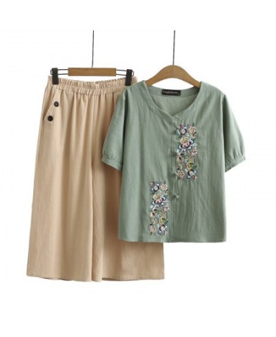 Plus Size XL-5XL Women's Summer 2pieces Sets Short Sleeve Embroidery Tops + Elastic Waist Cropped Khaki Pants Suits $74.66 - ...