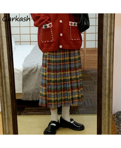 Colorful Plaid Skirts Women Pleated Sweet Harajuku Midi Loose Japanese Students Hipster New-arrival All-match Casual Soft Chi...