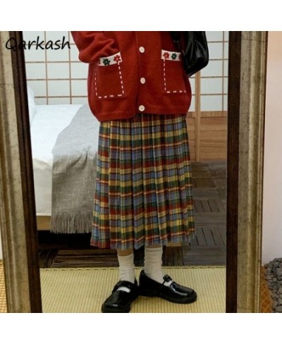 Colorful Plaid Skirts Women Pleated Sweet Harajuku Midi Loose Japanese Students Hipster New-arrival All-match Casual Soft Chi...