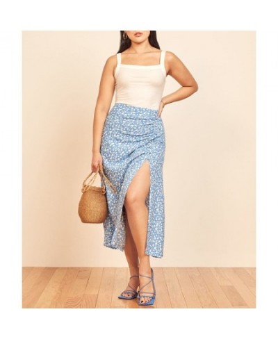 Vacation Casual Beach Floral Skirt Women Summer High Waist Side High Slit Sexy Skirt Ruched Button Elegant Bodycon Pencil Ski...